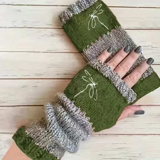 Warm Stylish Spliced Knit Half‑Finger Gloves Palm Guard Work‑Ready Accessory 2 Pcs Dragonfly Green Pattern Suitable for Christmas Gifting