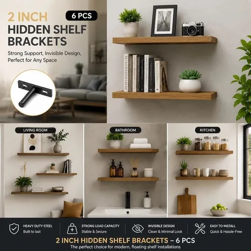 2" Black Hidden T Shelf Bracket 6Pcs w/ 5x60&5x80 Screws