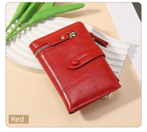 Red Soft PU Leather Women's Wallet – Compact Foldable Wallet with Multiple Card Slots and Zippered Compartment