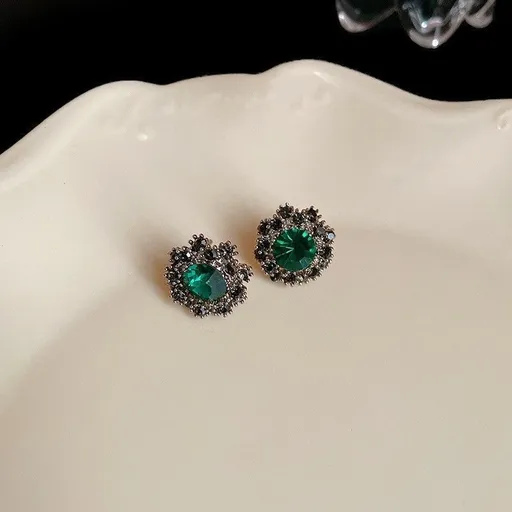 Eco-Friendly Green Silver Needle Earrings | Christmas Sustainable Gift | Green Rhinestone Heart Earrings Retro Eco Jewelry