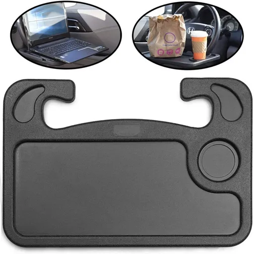 Black Portable Car Steering Wheel Tray - 2-in-1 Dual Sided Laptop Desk & Food Table with Cup Holder - Universal Auto Interior Accessory for Travel & Mobile Work