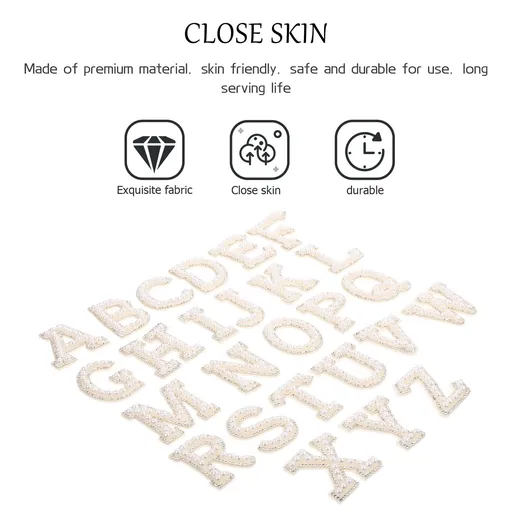 White Letter Iron-On Patches with Embellishments for Clothing Decoration, 26 Pieces Polyester Set