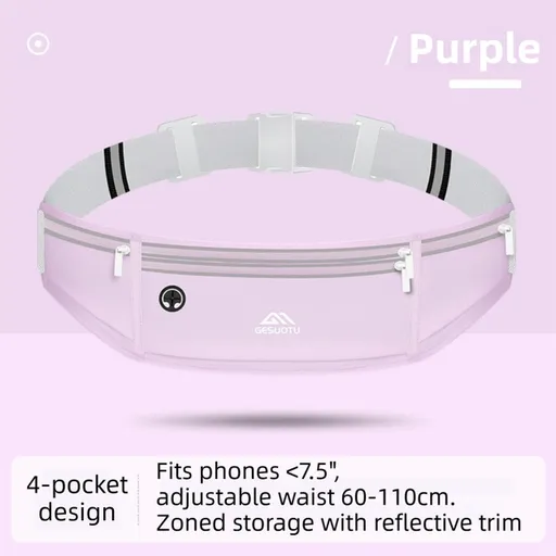 Purple Breathable & Waterproof Lycra Running Waist Bag for 7.5" Phone – Lightweight No Bounce Reflective Fitness Belt with 4 Zipper Pockets, Earphone Hole and Adjustable Strap for Men and Women