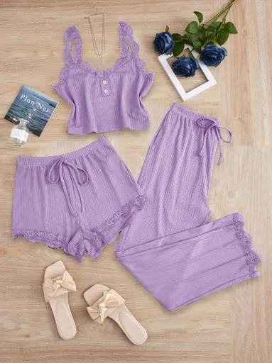 Subtle Lace Women Pajamas Set Sleepwear Light Purple XXL