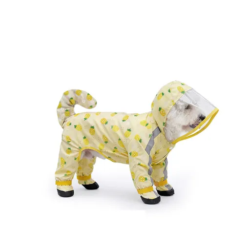 Yellow XL size Pineapple Print Full-Cover Dog Raincoat with Transparent Hood, Waterproof Four-Leg Pet Rain Suit with Reflective Strips and Integrated Leash Ring for Small and Medium Dogs