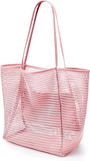 Beach mesh tote bag, foldable summer hobo bag for women, sand-proof , large shoulder bag, 35*17*37cm,suitable for pool,,vacation, travel, picnic, and shopping（Pink）