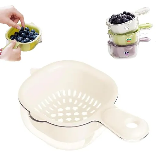 Kitchen Dual-Layer Draining Basket with Handle, Portable Fruit Vegetable Drainer Bowl, Multipurpose Mini Berry Washer & Watermelon Bowl Strainer
