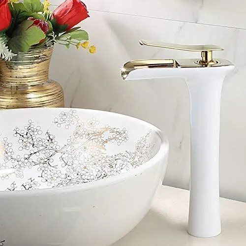 Basin Hot and Cold Water Faucet, Waterfall Type Water Outlet, Antique Brushed Finish – Vintage Bathroom Sink Faucet - White-Gold - Size 280mm