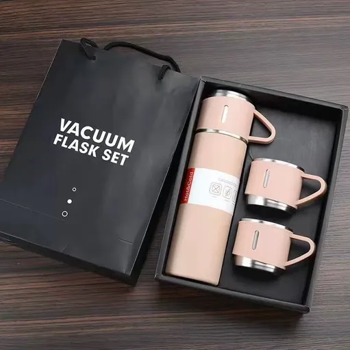 Stainless Steel Vacuum Flask Gift Set with 2 Sharing Cups — 500ml Double-Wall Insulated Bottle | 12H Hot, 24H Cold | Coffee & Tea Travel Mug | Father's Day Birthday Gift - Pink - Size 500ml