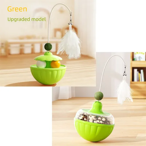 Green 2Pcs Interactive Cat Wobble Toy Set - Dual Ball Turntable & Feeder with Feather Teaser and Catnip Ball - PP Plastic for Kitten Self-Entertainment