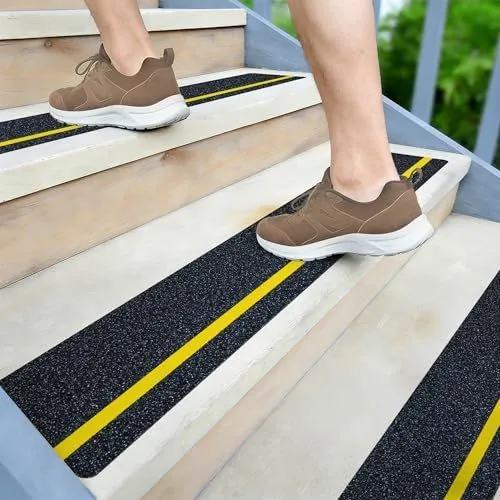 6"x32" Anti Slip Traction Treads 10 Pack, with Glow in Dark Stripe, Best Grip Tape Grit Non Slip, Outdoor Non Skid Tape, High Traction Friction Abrasive Adhesive for Stairs Step - Black-Yellow - Size 6"x32"