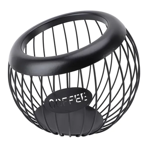 Coffee Pod Storage Basket Black with Letters Large Capacity Iron Rust Proof Stylish Modern Beveled Mouth Coffee Capsules Basket for Kitchen