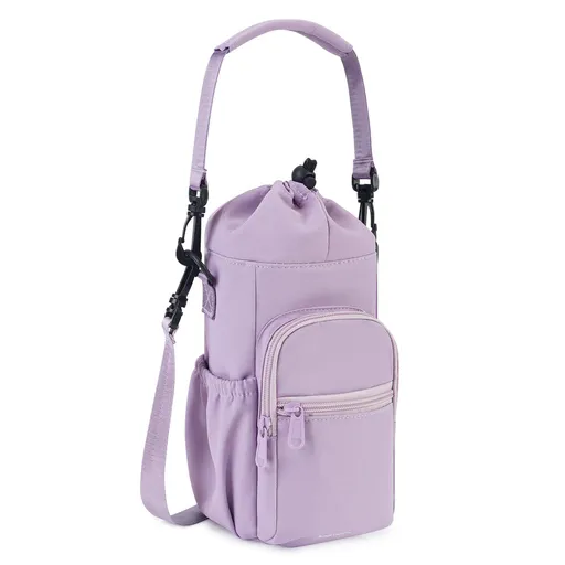 Insulated Crossbody Water Bottle Carrier with Storage Pockets, Adjustable Shoulder Strap, Waterproof Twill Cup Holder Sling Bag for School, Outdoor Picnic, Dog Walking and Daily Commute (Purple)