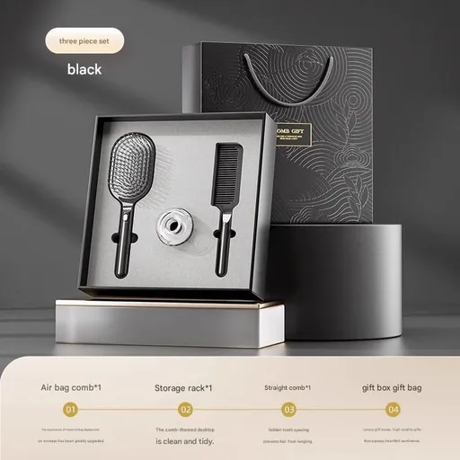 Black 3-Piece Gift Box Set Premium ABS Hair Care Gift Set with Cushion Paddle Brush, Detangling Comb, Cleaning Brush & Stand - Elegant Mother’s Day or Couple’s Gift for Daily Styling and Scalp Comfort