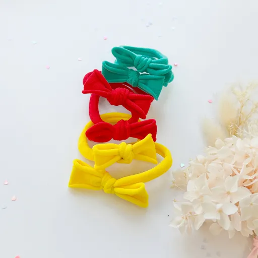 Handmade Simple Bow metal free hair ties -POP - 1 Pairs - Yellow