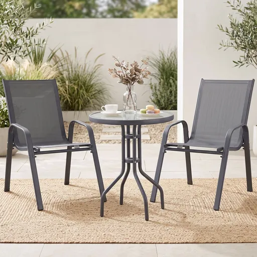 Gardeon 3PC Outdoor Bistro Set Table and Chairs Stackable Patio Furniture Grey