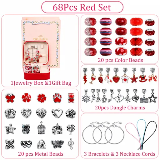 Red Kids DIY Bead Jewelry Making Kit - 68 Pcs Alloy & Plastic Charm Bracelet & Necklace Set with Storage Box, Creative Birthday Gift for Girls