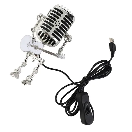 Vintage Microphone Guitar Robot Table Lamp USB Aluminum Metal Retro Microphone Robot Night Light for Bedroom Desk Home Decor White