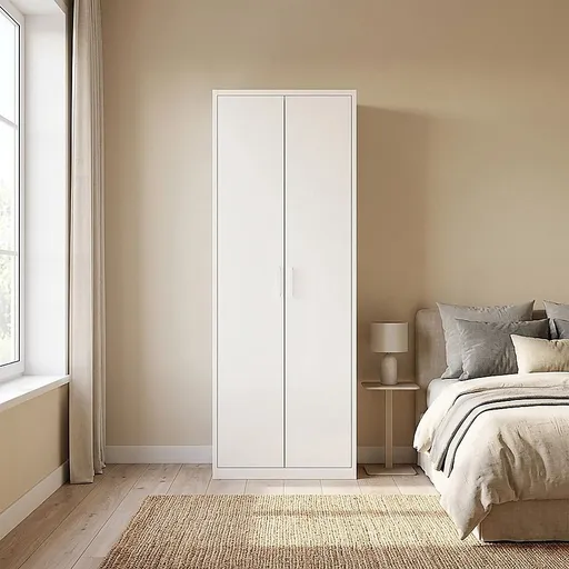 80x200cm 2-Door White Steel Shelf Wardrobe with White Handle Storage Cabinet