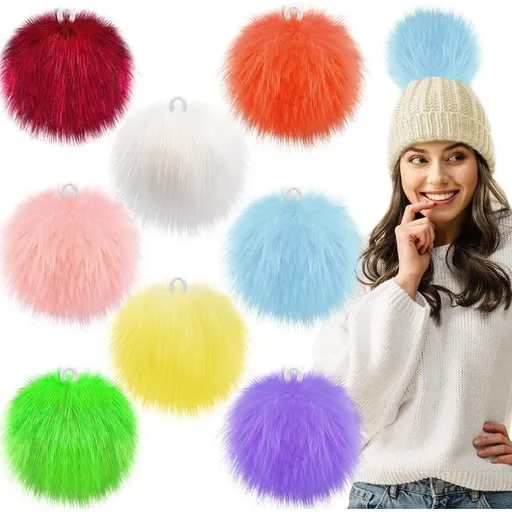 8PCS Faux Fur Pom for Hats, 5.5 Inch Large Faux Fur Pom Pom Fluffy Pom Pom Balls with Elastic Loop for Crafts Gloves Scarves Knitting Accessories