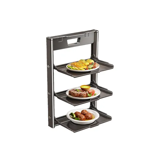 3-Tier Folding Kitchen Storage Rack for Plates, Snacks and Serving Dishes, Space-Saving Organiser for Benchtops, 3 Tiers, Dark Grey and Grey