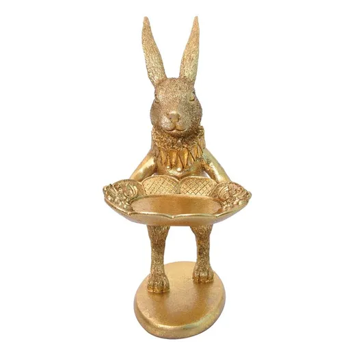 Golden Bunny Figurine Jewelry Ring Tray Decorative Serving Rabbit Statue Ornament Animal Sculpture Home Arts Desktop