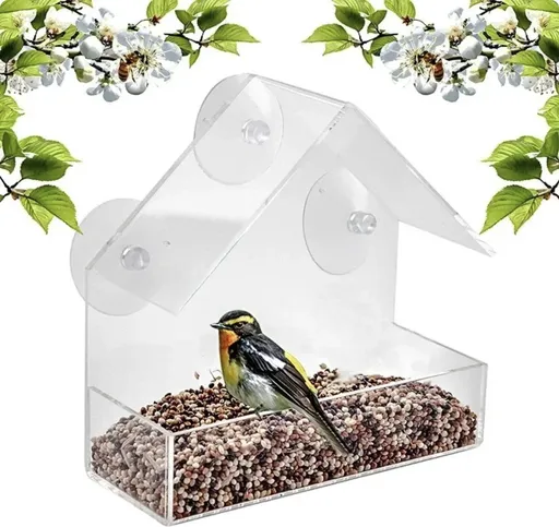 Transparent House-Shaped Window Bird Feeder with Suction Cups, Outdoor Feeding Station for Attracting Small Wild Birds at Home