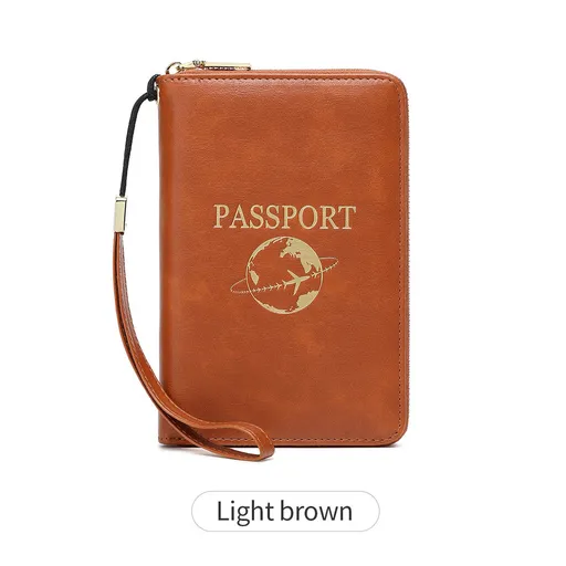 Light Brown RFID Blocking Travel Passport Holder - Multi-functional Waterproof PU Leather Security Travel Wallet with Zipper and Wristband