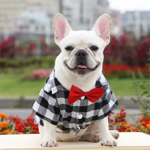 Shine Dog Plaid Shirt Polyester Two-legged Clothes Black and White Plaid Bow-tie Shirt 4XL bust 80 back length 50cm