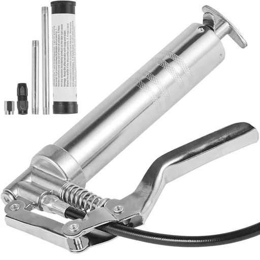 Pistol Grip Grease Gun, 3500 PSI, 4 OZ / 120 CC Capacity Heavy Duty Professional Grease Gun, with 11.65 Inch Flexible Hose 2 Black Flat Couplers, 1 Reinforced Nozzle, and 2 Rigid Metal Pipes