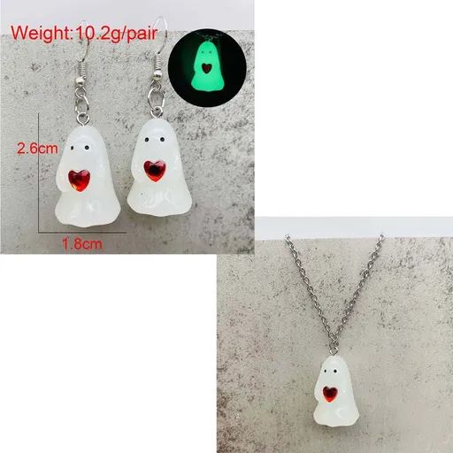 Halloween Ghosts Earrings and Necklace Set Glow in the Dark Adopt a Ghost Earrings Necklace Spooky Light up Halloween Jewelry Set for Women and Men - White - Size E