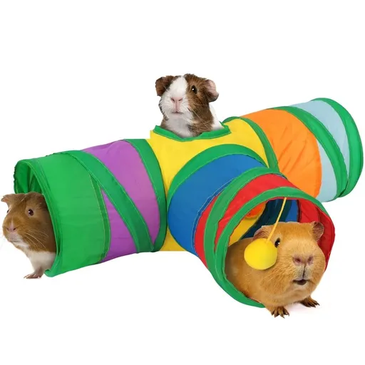 3-Way Collapsible Guinea Pig Tunnel Hideout with Interactive Ball Toy, Portable Small Animal Play Tube for Hamster, Chinchilla, Ferret, Hedgehog