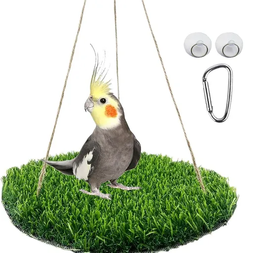 Large Bird Foraging Mat Toys, Natural Bird Grass Hammock Swing Toy with Hooks, Climbing Perch Hanging Toy for Parakeets, Parrot, Cockatiels, Bearded Dragon, Snake（rotundity）
