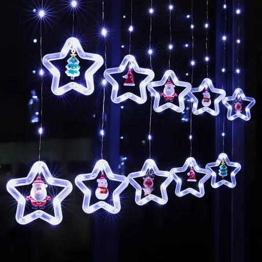 Curtain Lights Indoor Hanging Window Light 10 Stars Ring with Xmas Ornaments - USB Remote Control 9.8ft Window Lights Decorations