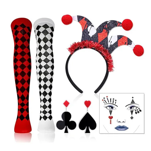 Clown & Playing Card Cosplay Accessory Set: Red & Black Argyle Thigh-High Socks + Pointed Clown Headband + Card Earrings + Tattoo — 4 Pieces Complete, Instant Circus Star for Halloween Parties