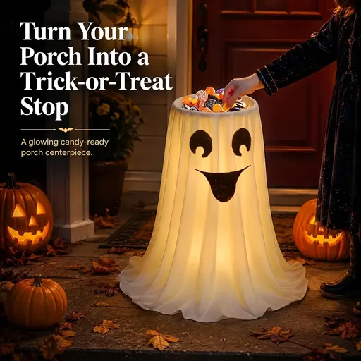 120cm Light-Up Ghost Candy Bowl – Halloween Party Must-Have, Large Capacity Trick-or-Treat Station, USB/Battery Powered, Indoor & Outdoor Use(Cute little ghost)