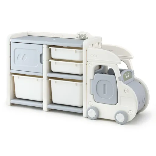 Keezi Toy Storage Organizer with 4 Storage Bins and Cabinet, Bookcase Kids Toys Box, Toy Storage for Kids Room, Playroom, Bedroom, Nursery, Car Shaped