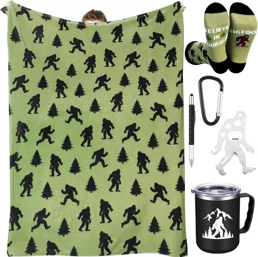 5 Pcs Bigfoot Sasquatch Gifts Sasquatch Lovers Gift with Large Blanket 12 oz Insulated Tumbler Socks Can Opener Keychain and Ballpoint Pen for Men Women Dad Grandpa Gifts