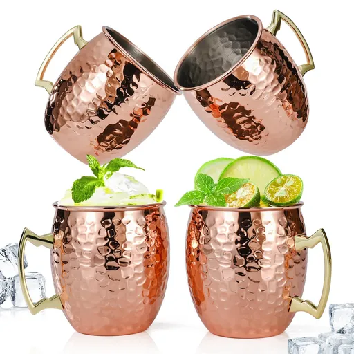 Set of 4, 17 OZ Hammered Copper Cups with 304 Stainless Steel Lining and Gold Brass Handles, for Cold Drinks, Beer, Wine, Bars, Parties