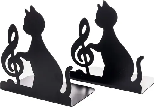 Metal Bookends - Set of 2 - Heavy Duty Black Metal Bookends - Cat Music Note - Non-Slip Durable Sturdy Book Organizer - For Bedroom Library Office - Book Stand - Book Holder - Bookend - Book Holder - Black