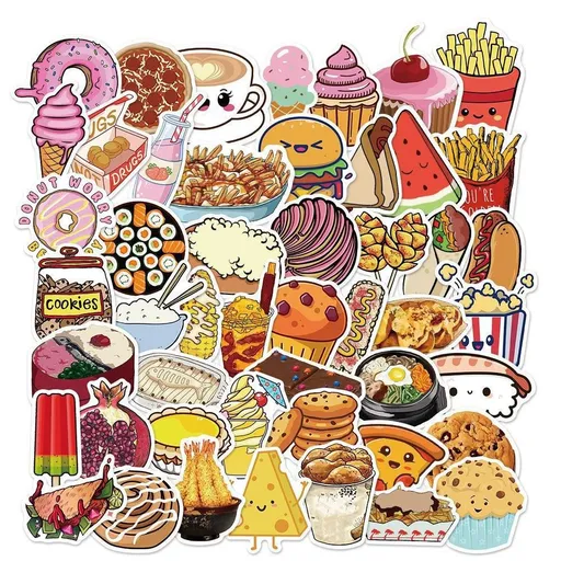 50pcs Kawaii Food Stickers for Kids Teens Adults, Cute Snack Stickers Decals for Journaling and Scrapbooking, Waterproof Vinyl