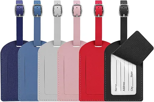 Bagagelabels, 6 pieces leather bag tags, travel bag labels with name-ID cards, luggage tags for travel bags, backpacks, cruises, waterproof travel accessories, 6 colours