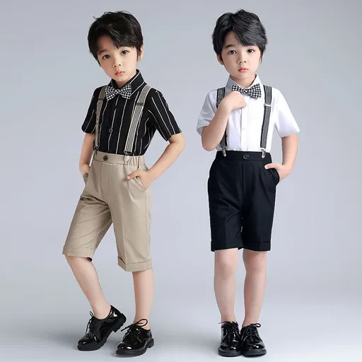 Boys Summer Cotton Short Sleeve Shirt & Shorts Set Black Button Shirt 4 Piece Set 170CM: recommended weight 39.00 kg-44.00 kg