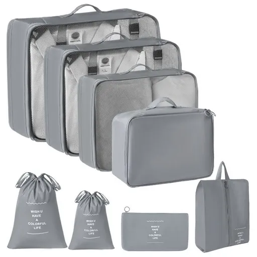 Suitcase Garment Sorting Storage Bags, 8 Pcs Travel Packing Kit With Double Drawstring Pouches, Grey, Convenient Camping Travel Gift