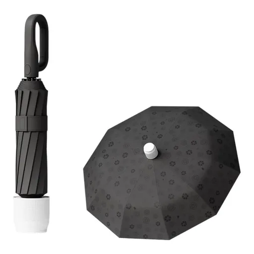 Black Foldable Automatic Open Umbrella with Retractable Waterproof Sleeve, Clip Handle and Winproof Dual Rib - Lightweight Rain Sun Umbrella, Large Diameter 105cm, Compact 37cm Storage, Flower Pattern Appears When Wet