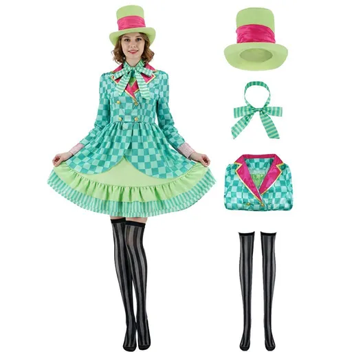 Hatter Costume Women Mad Tea Party Halloween Cosplay Dress with Bowtie Top Hat Leggings Mardi Gras Parade Outfits - Green - Size L