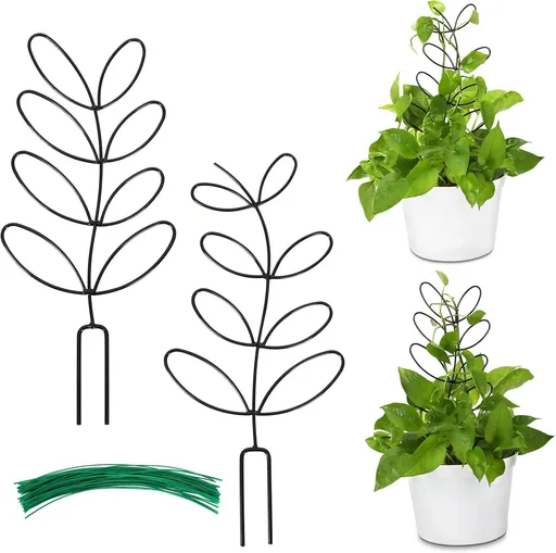 Leaf-Shaped Metal Plant Support Stakes with 20 Tie Straps, Decorative Climbing Trellis for Indoor Houseplants, Black
