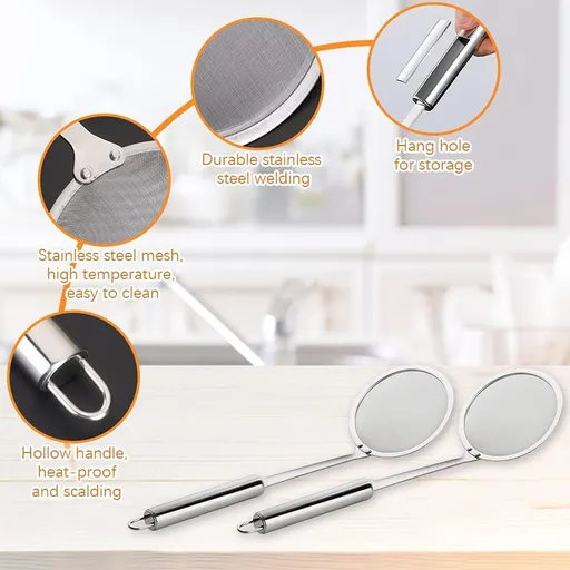 2 Pcs Hot Pot Fat Skimmer Spoon, 304 Stainless Steel Fine Mesh Strainer with Long Handle, Skimming Grease and Foam (4 Inch)