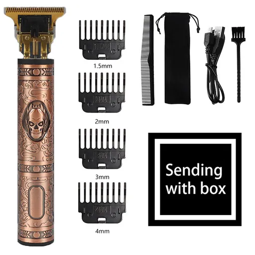 Vintage Skull Design Cordless Hair Trimmer (Red)- Professional Grooming Kit with Adjustable Guards, USB Charging, and Accessories