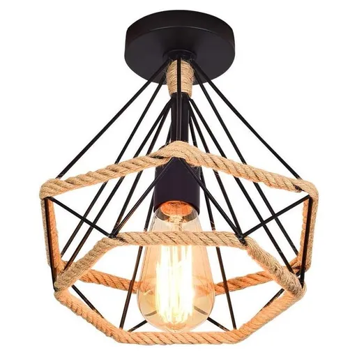 Vintage Industrial Metal Cage Ceiling Lamp with Hemp Rope, 25 cm